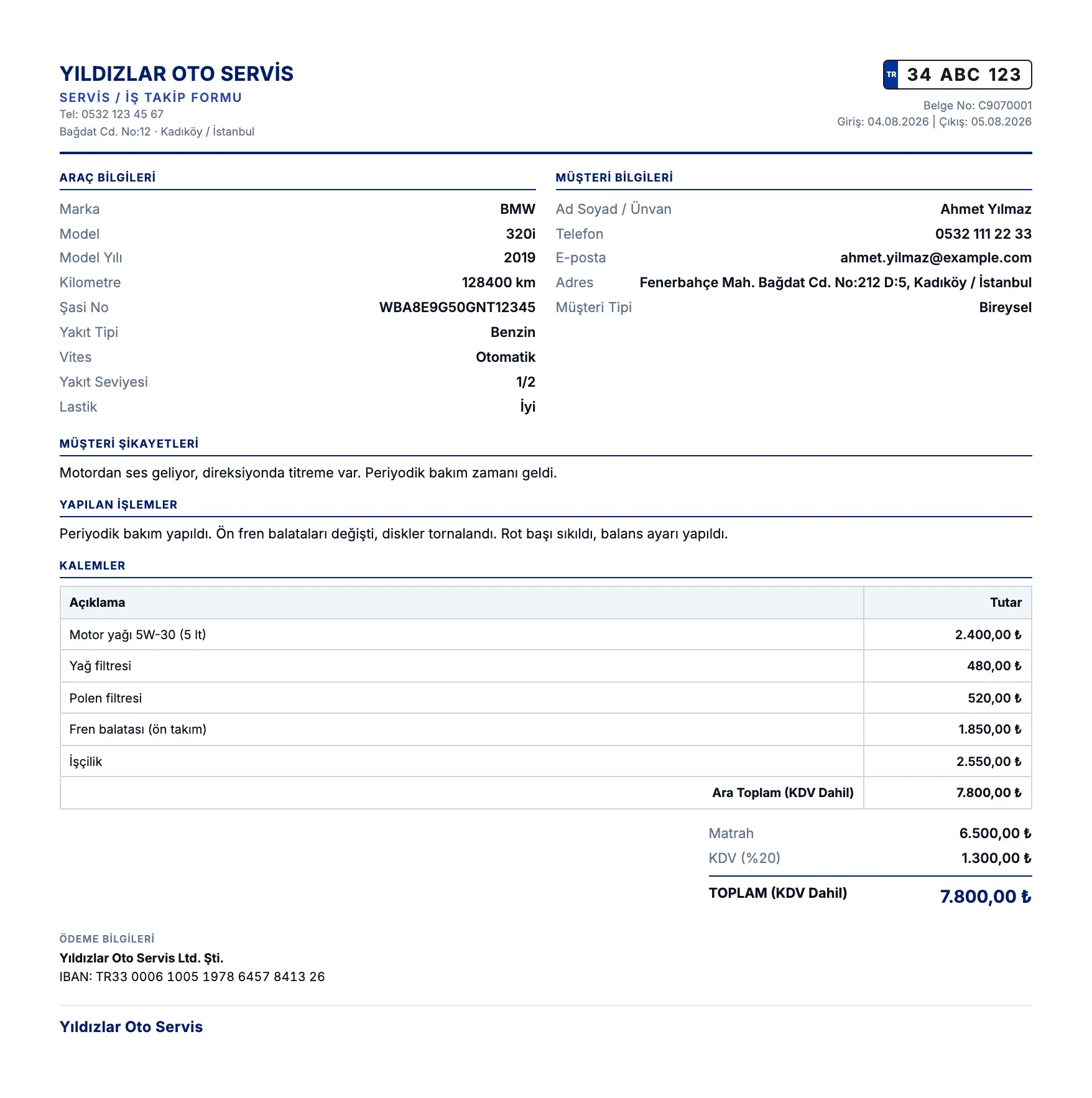 Tamir Defteri servis / iş takip formu PDF örneği: dükkân başlığı, araç ve müşteri bilgileri, müşteri şikayetleri, yapılan işlemler, kalemler tablosu, matrah, KDV ve toplam tutar.