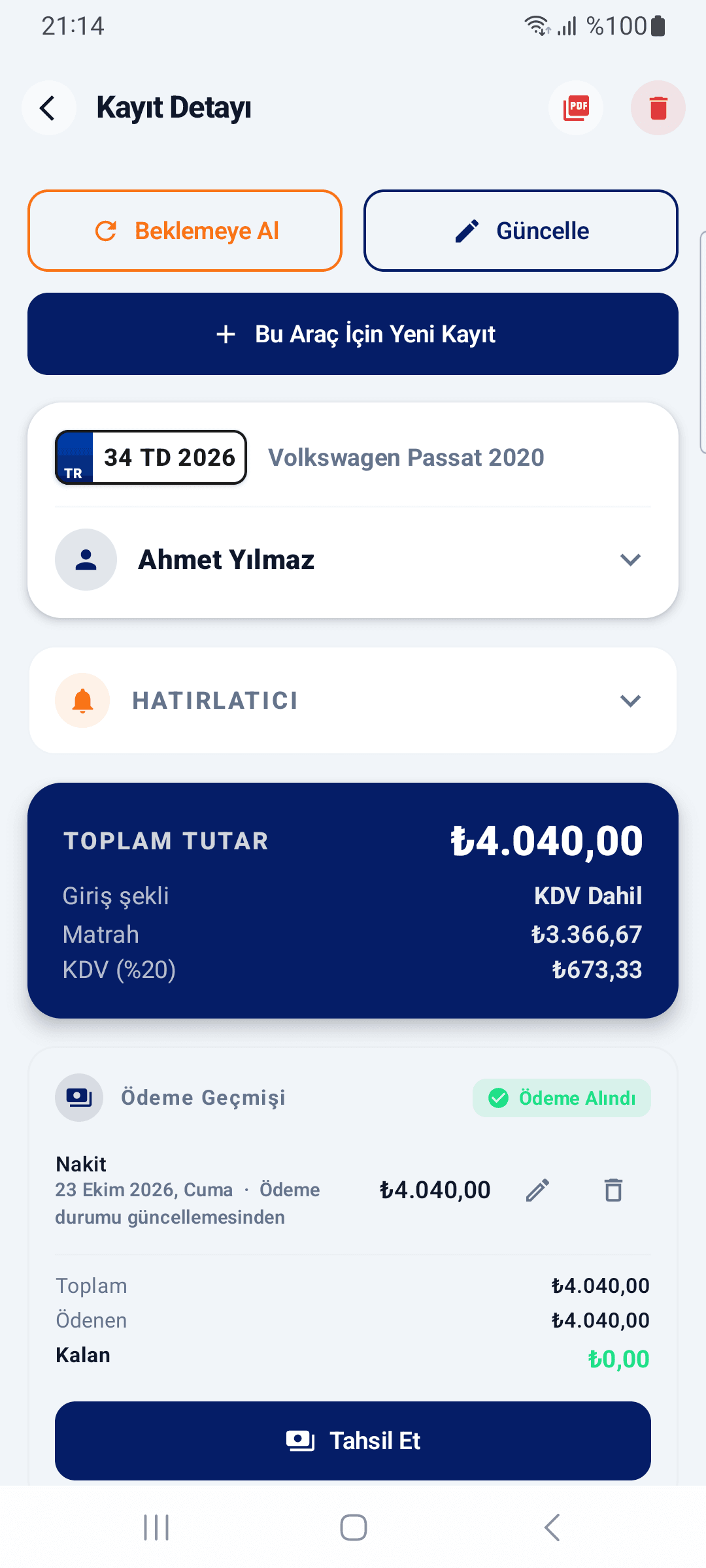 Tamir Defteri mobil — iş detayı