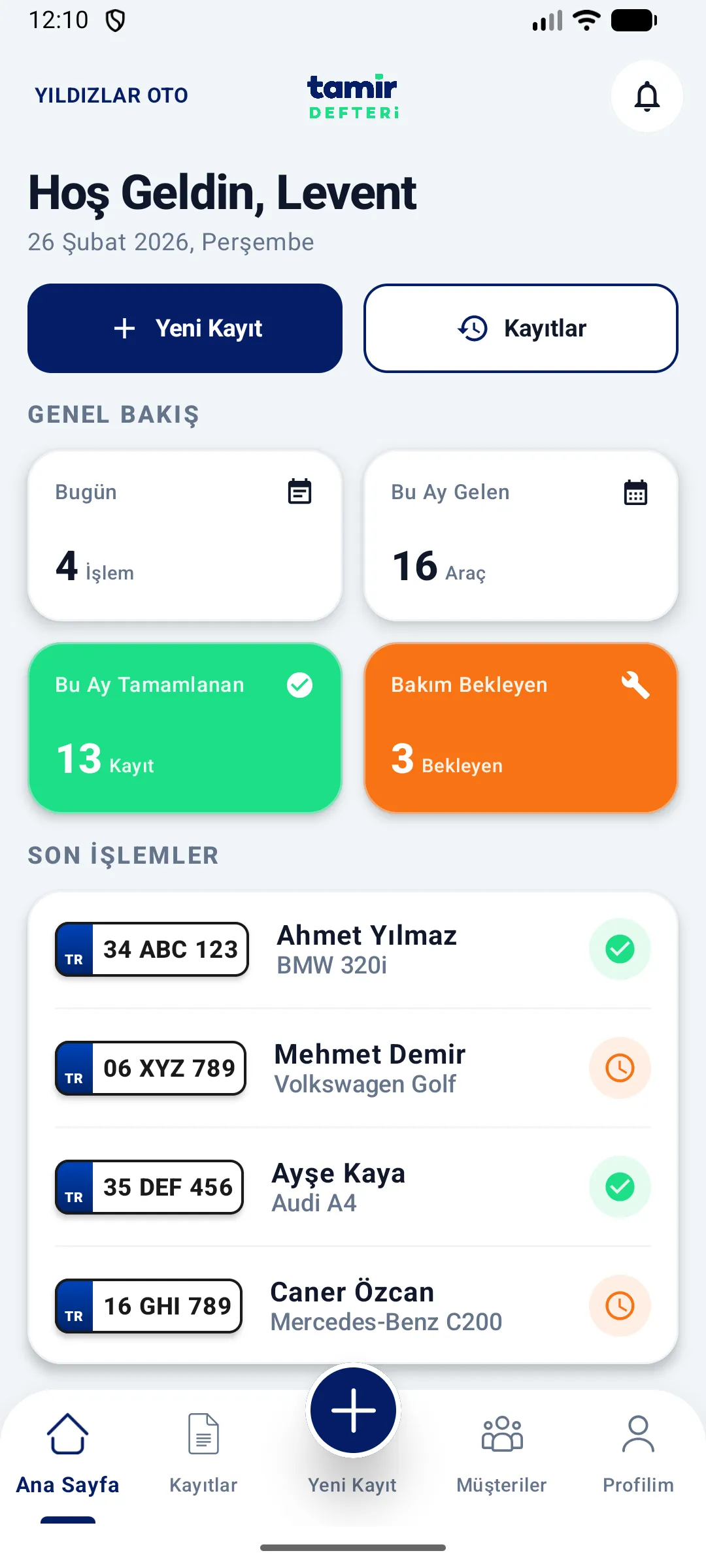Tamir Defteri mobil uygulaması ana ekranı