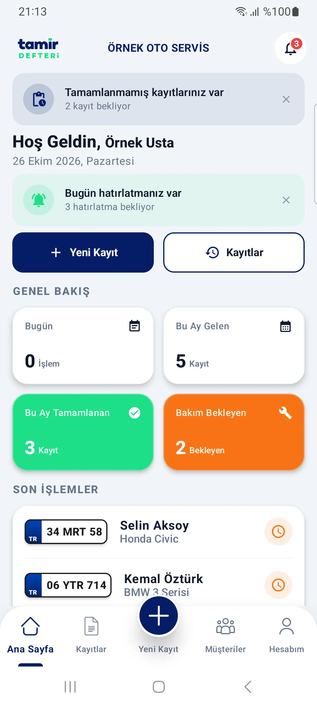 Tamir Defteri mobil uygulaması ana ekranı