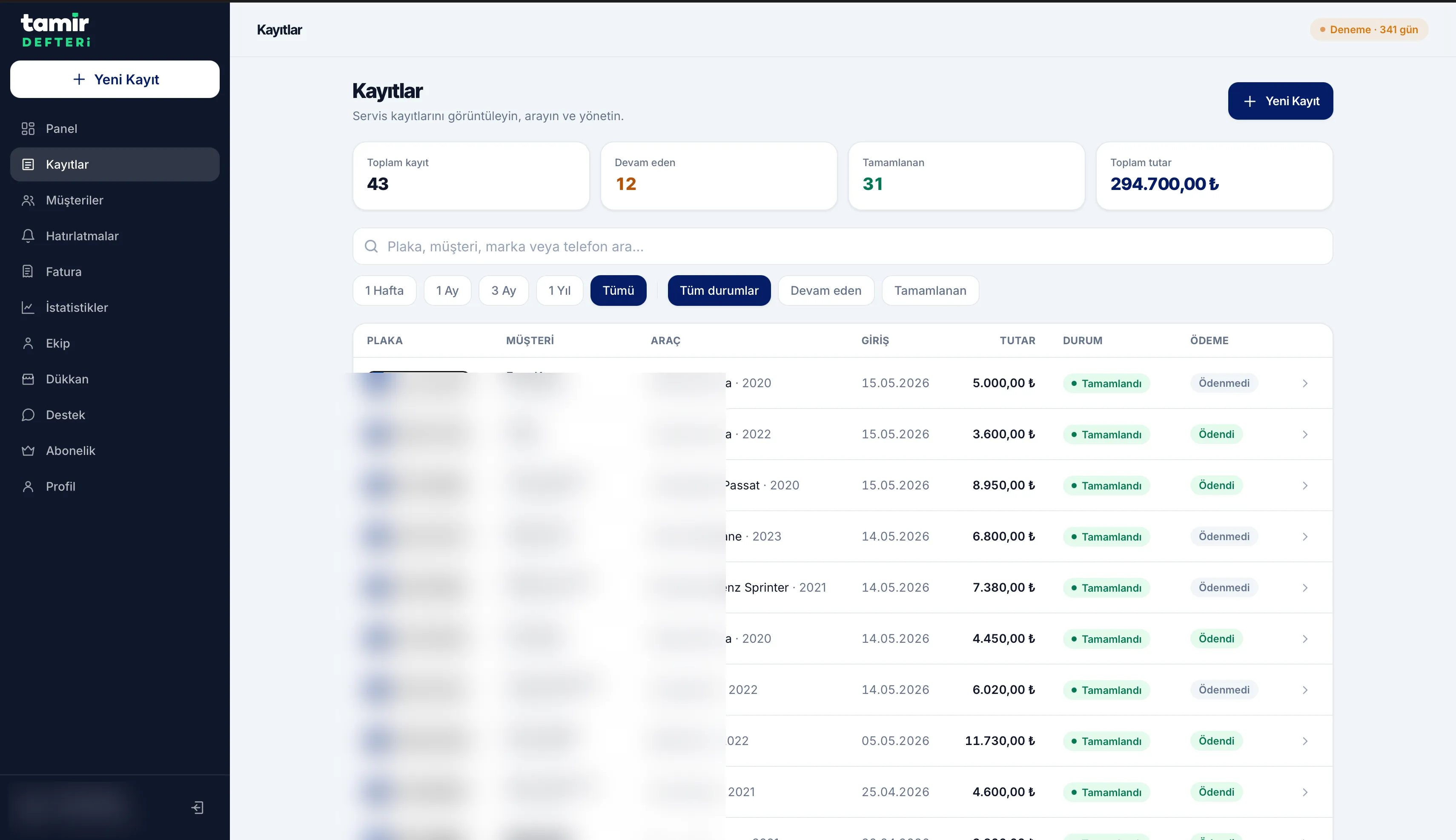 Tamir Defteri web paneli — Kayıtlar ekranı